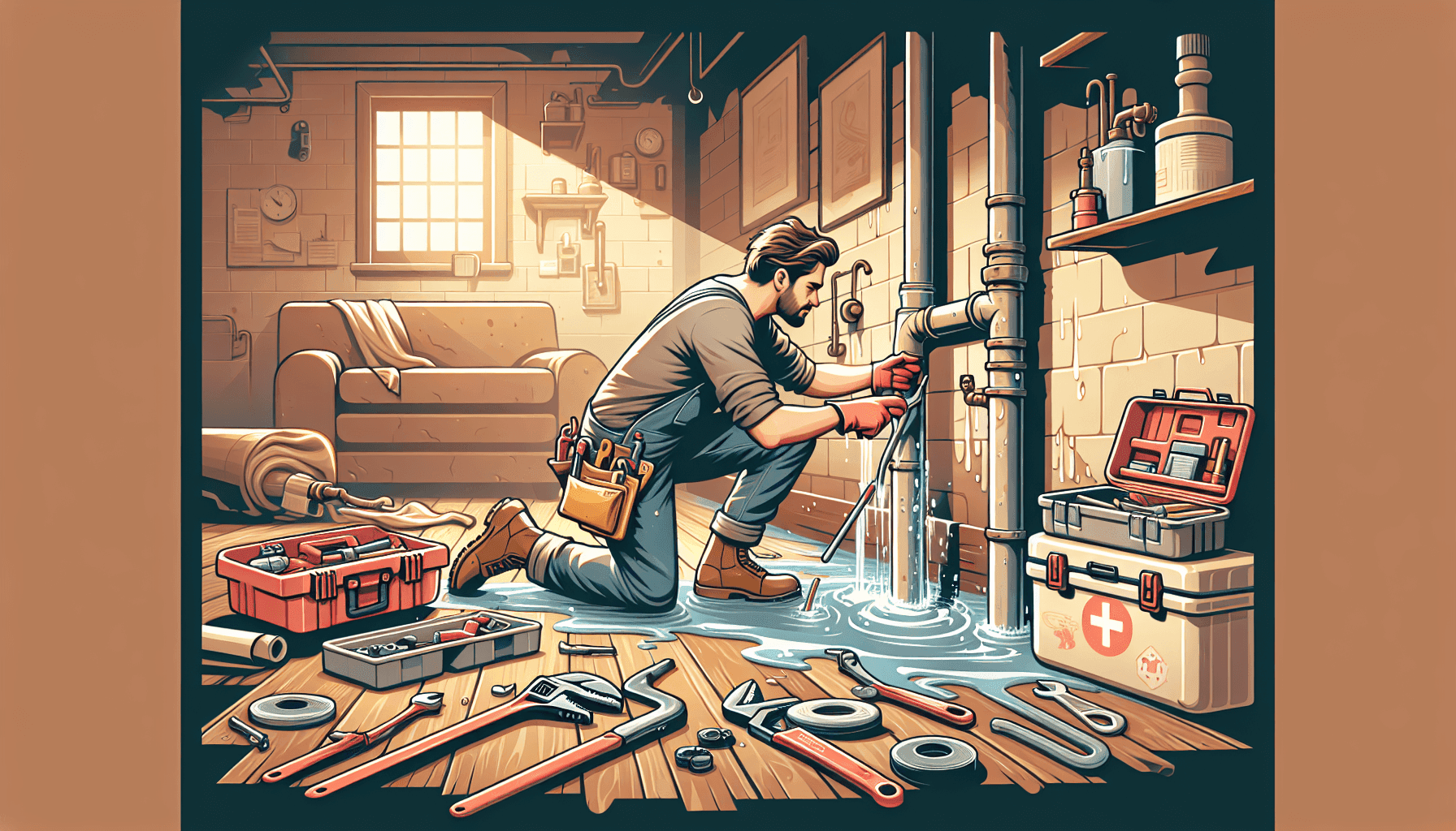 Plumber fixing a burst pipe in an emergency situation