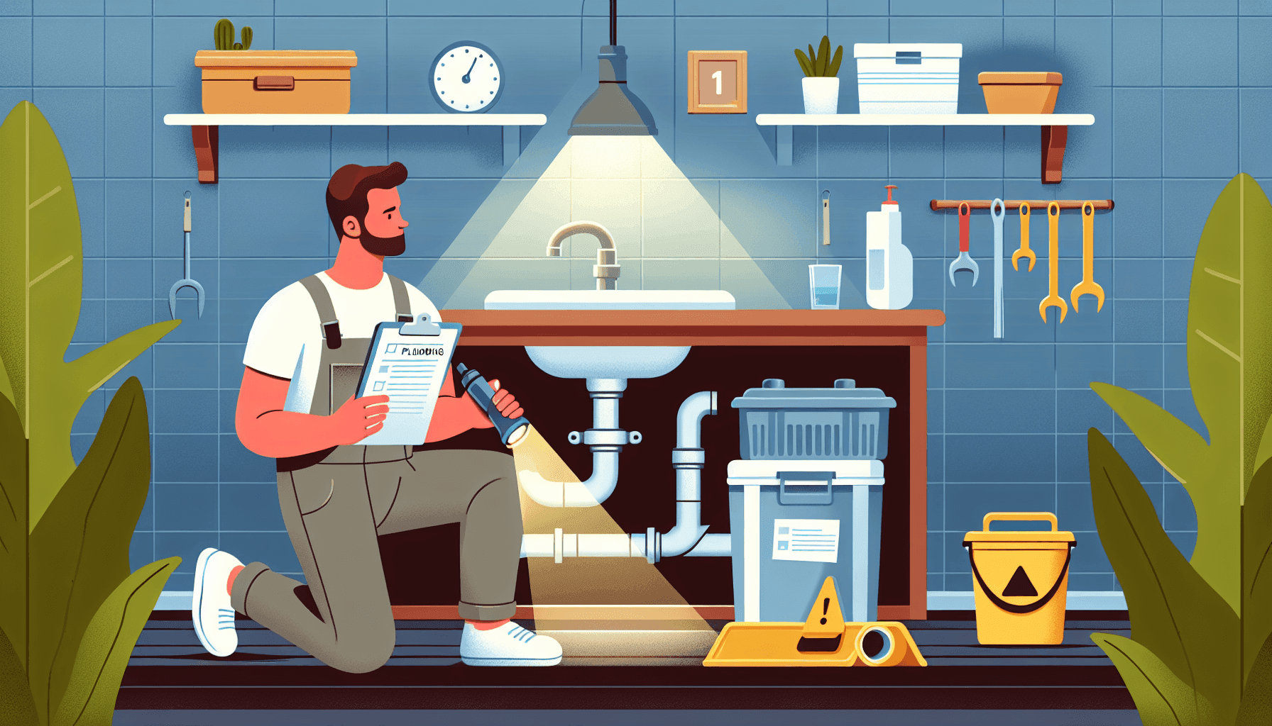 Homeowner checking plumbing pipes for maintenance